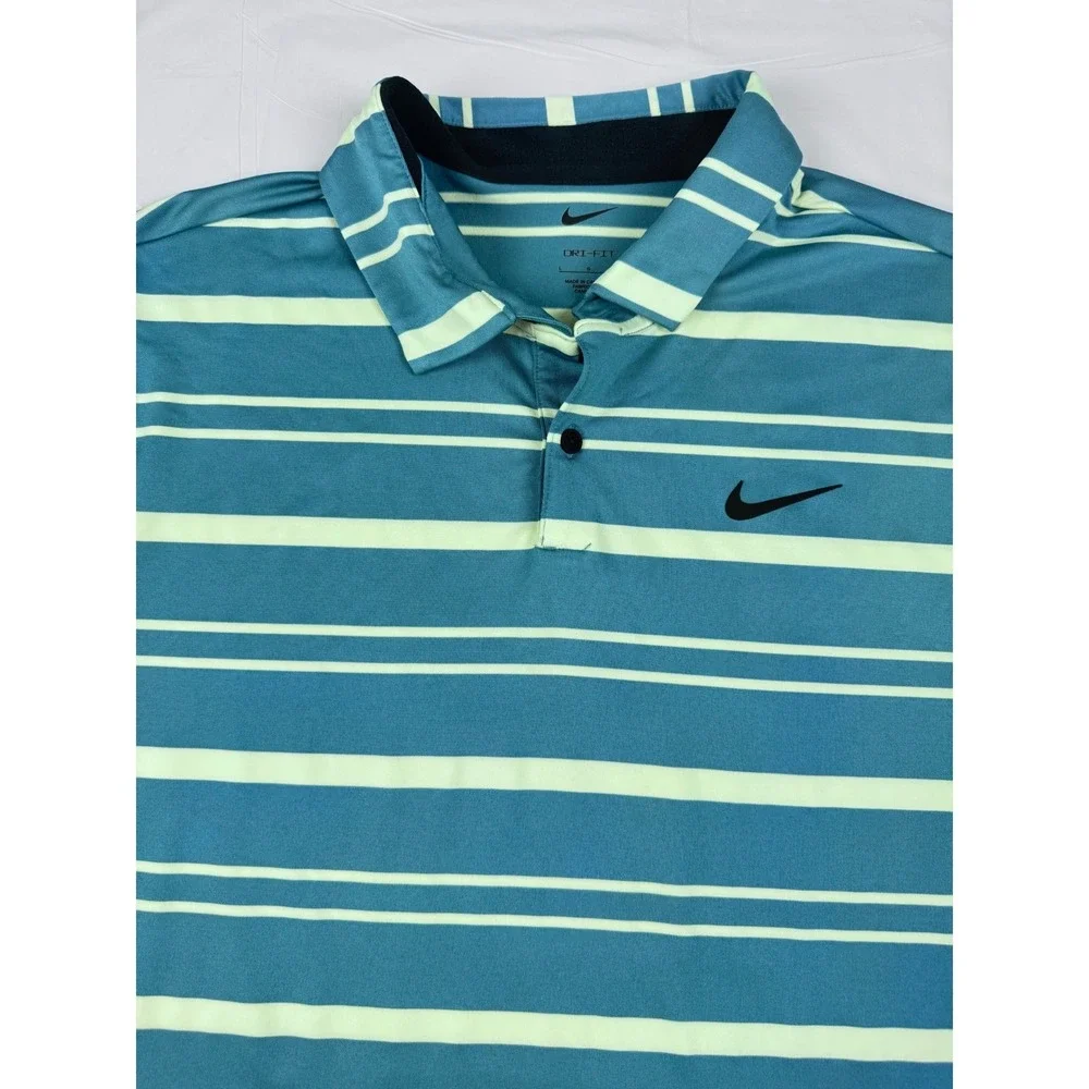 Nike Dri-FIT Mens Golf Polo Shirt Blue Green Striped Large Active Outdoor